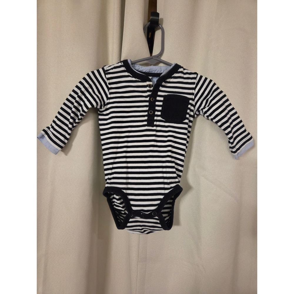 H&M Baby Boys Black White Striped Henley Bodysuit 6-9 Months Long Sleeve